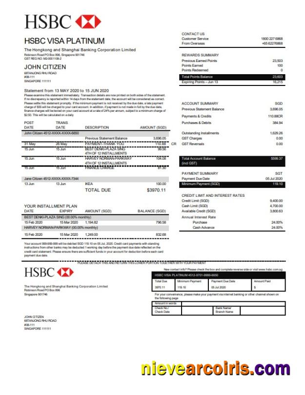 Hong Kong HSBC bank Visa Platinum credit card statement in Word and PDF format